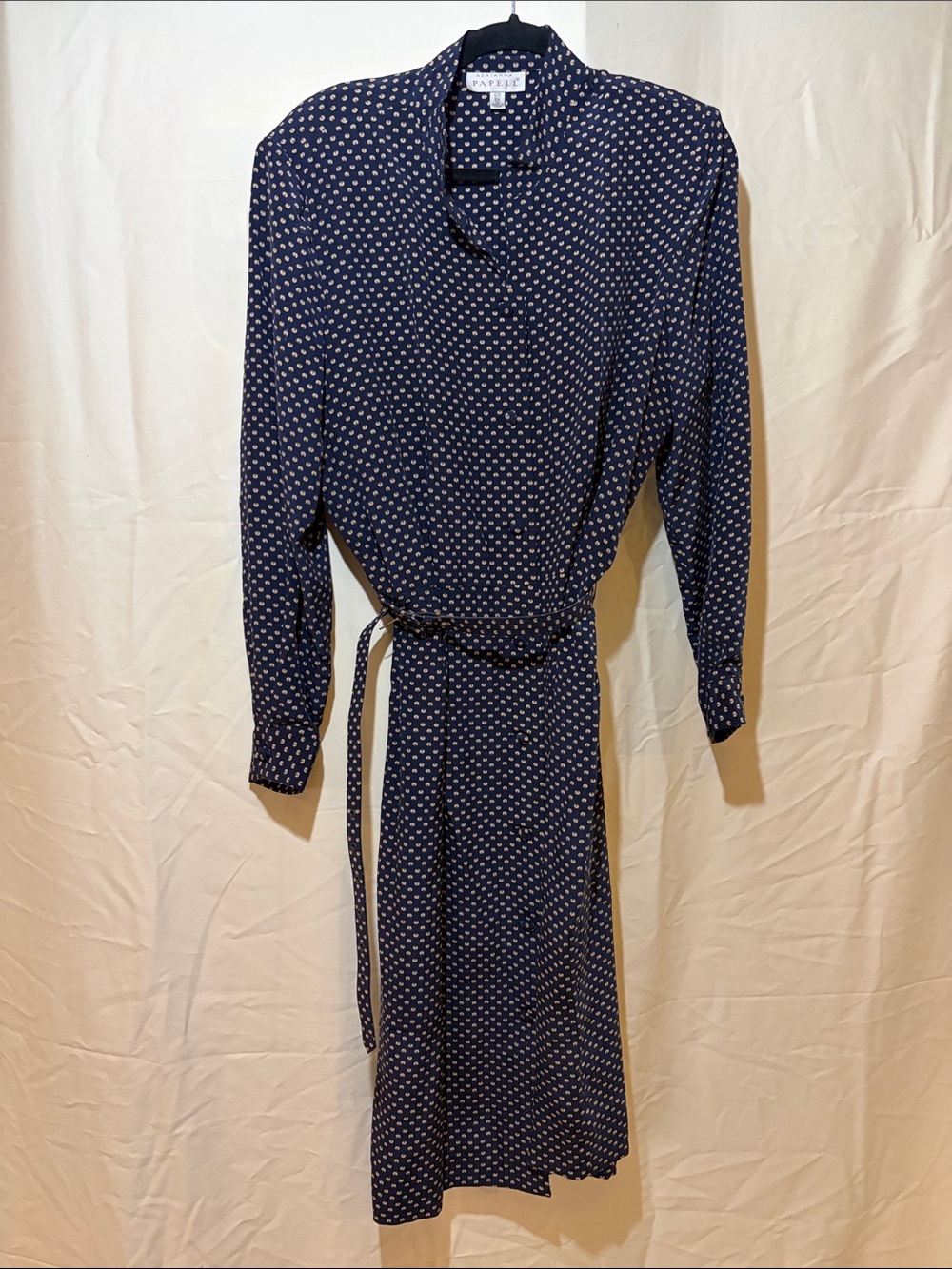 Adrianna Papell 100% Silk Navy and Cream Long-Sleeve Belted Dress